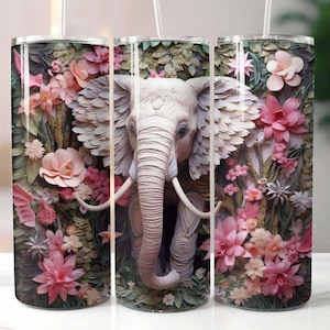 Vaso delgado de 20 oz con elefante 3D rosa, diseño de sublimación, descarga digital PNG instantánea, vaso con elefante 3D