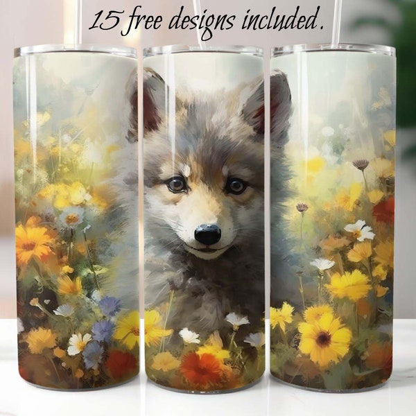 Cute Wolf Pup 20 oz Skinny Tumbler Sublimation Design Digital Download PNG Instant, Wolf Tumbler