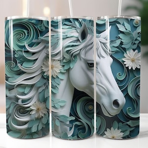 3D Teal Floral Pferd 20 Unzen Skinny Tumbler Sublimation Design Digitaler Download PNG Instant, 3D Pferdebecher