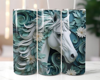 3D Teal Floral Horse 20 oz Skinny Tumbler Sublimation Design Digital Download PNG Instant, 3D Horse Tumbler