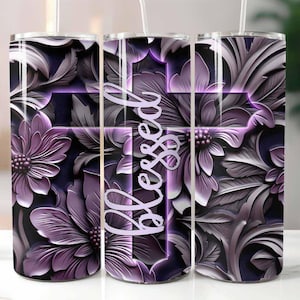 Gesegnete lila Blumen 20 Unzen Skinny Tumbler Sublimation Design Digitaler Download PNG Instant, gesegnete Becher