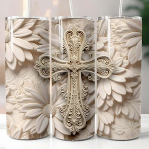 Vaso delgado de 20 oz con margaritas y cruces en 3D, diseño de sublimación, descarga digital PNG, vaso con margaritas y cruces