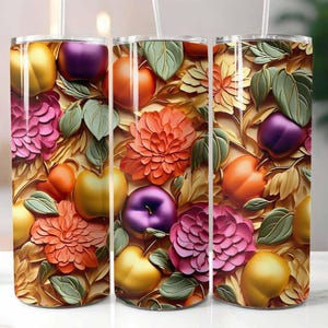 3D Apple Floral 20 oz Skinny Tumbler Sublimação Design Digital Download PNG Instantâneo, Apple Tumbler