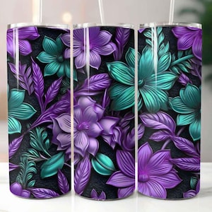 Teal-Purple Floral 20 oz Skinny Tumbler Sublimation Design Digital Download PNG Instant, Floral Tumbler