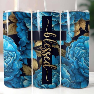 Blessed Peonies Cross 20 oz Skinny Tumbler Sublimation Design Digital Download PNG Instant, 3D Peonies Tumbler