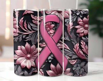 Breast Cancer Awareness 20 oz Skinny Tumbler Sublimation Design Digital Download PNG Instant, Dark Pink Breast Cancer Awareness Tumbler