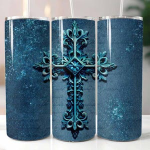 Vaso delgado de 20 oz con diseño de sublimación en forma de cruz 3D en color verde azulado, descarga digital PNG Vaso con cruz 3D