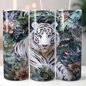 3D White Tiger 20 oz Skinny Tumbler Sublimation Design Digital Download PNG Instant, 3D Tiger Tumbler