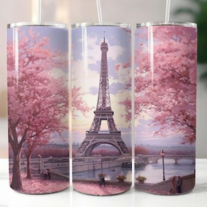 Vaso delgado de 20 oz con flores de cerezo de la Torre Eiffel, diseño de sublimación, descarga digital PNG, vaso de la Torre Eiffel