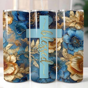 Gesegnetes Kreuz Blau und Gold Blumen 20 Unzen Skinny Tumbler Sublimation Design Digitaler Download PNG Cross Tumbler
