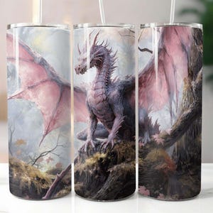 Watercolor Pink Dragon 20 oz Skinny Tumbler Sublimation Design Digital Download PNG Instant, Dragon Tumbler Wrap