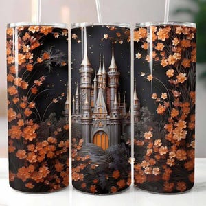 Dark Orange 3D Castle 20 oz Skinny Tumbler Sublimation Design Digital Download PNG Instant, Castle Tumbler
