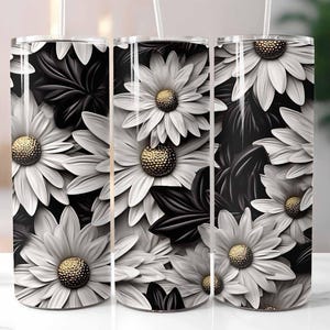3D Gänseblümchen Schwarz und Weiß 20 Unzen Skinny Tumbler Sublimation Design Digitaler Download PNG Instant, 3D Gänseblümchen Tumbler