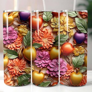 Colorido 3D Apple Floral 20 oz Skinny Tumbler Sublimação Design Digital Download PNG Instantâneo, Apple Tumbler
