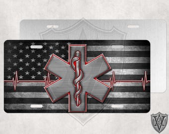 Custom License Plate - Custom Car Tag - EMS - EMT - Star Of Life Red