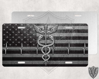 Caduceus - EMS - EMT - Custom License Plate - Distressed Flag