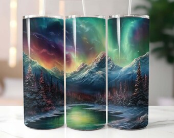 Vaso delgado de 20 oz con diseño de sublimación de luces del norte, descarga digital PNG instantánea, vaso Aurora Borealis