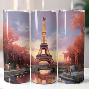 Vaso delgado de 20 oz con la Torre Eiffel iluminada Diseño de sublimación Descarga digital PNG Vaso de la Torre Eiffel