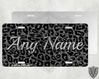 Your Text - Any Name - Custom License Plate - Custom Car Tag - Personalized License Plate - Black and Gray Leopard (NOT real glitter)