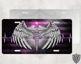 Caduceus - Custom License Plate - Nurse - EMT - EMS - Pink Brushed Flag