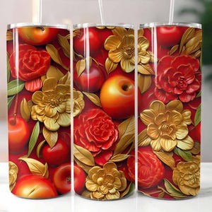 3D Red Apple Floral 20 oz Skinny Tumbler Sublimação Design Digital Download PNG Instantâneo, Apple Tumbler