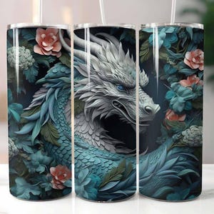 Teal 3D Dragon 20 Unzen Skinny Tumbler Sublimation Design Digitaler Download PNG Instant, Dragon Tumbler