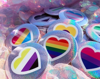 Holographic LGBT Pride Hearts Buttons, Pride Flag Button Badges, 2.25 inches