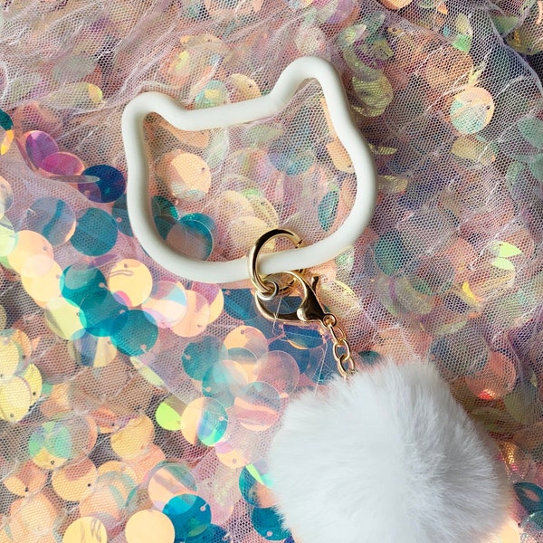 Phone Wrist Strap or Keychain! Cat Shaped Silicone Key Ring Bracelet with Furry Ball and Cellphone Attach Card, Keychain Bracelet