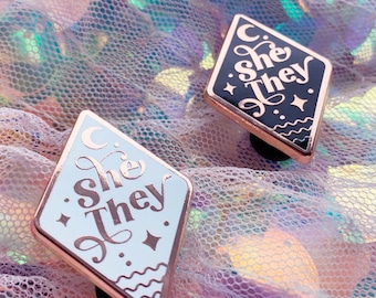 She They Pronoun Pin, 1.5 inches, Pronoun Hard Enamel Pins | The Sun, The Moon and The Stars