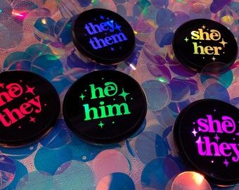 PRE-ORDER: LED Light Up Pronoun Pin, Rechargeable Battery, Cable Included, She Her, She They, They Them, He They, He Him