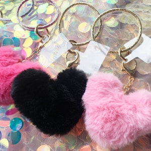 Phone Wrist Strap or Keychain Glitter filled Key Ring Bracelet with Furry Heart and Cellphone Attach Card, Keychain Bracelet image 3