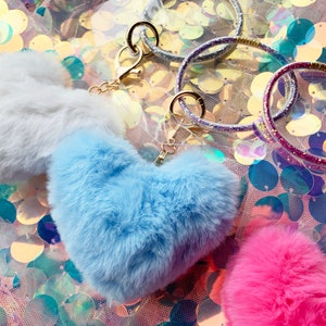 Phone Wrist Strap or Keychain Glitter filled Key Ring Bracelet with Furry Heart and Cellphone Attach Card, Keychain Bracelet image 5