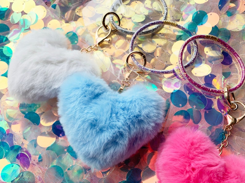 Phone Wrist Strap or Keychain Glitter filled Key Ring Bracelet with Furry Heart and Cellphone Attach Card, Keychain Bracelet image 5