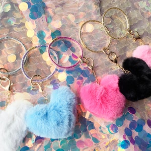 Phone Wrist Strap or Keychain Glitter filled Key Ring Bracelet with Furry Heart and Cellphone Attach Card, Keychain Bracelet image 4