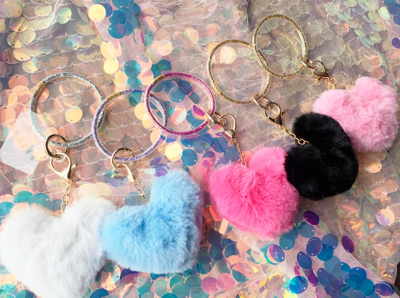 Phone Wrist Strap or Keychain Glitter filled Key Ring Bracelet with Furry Heart and Cellphone Attach Card, Keychain Bracelet image 4