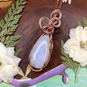 Rainbow Moonstone Copper Wire Wrapped Necklace