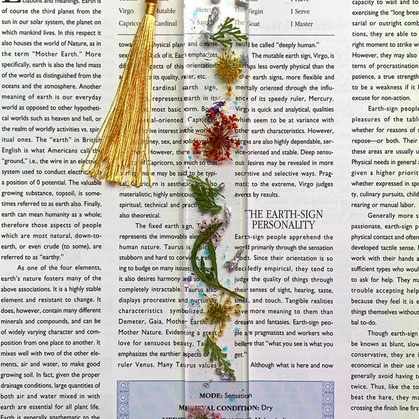 One Clear Large Resin Bookmark With Pressed Flowers, Opal Glitter, Silver Leaf, And Tassel