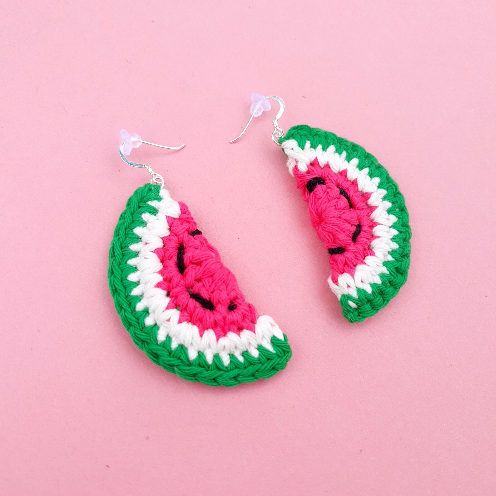 Crochet watermelon earrings sterling silver and cotton. Fun Etsy