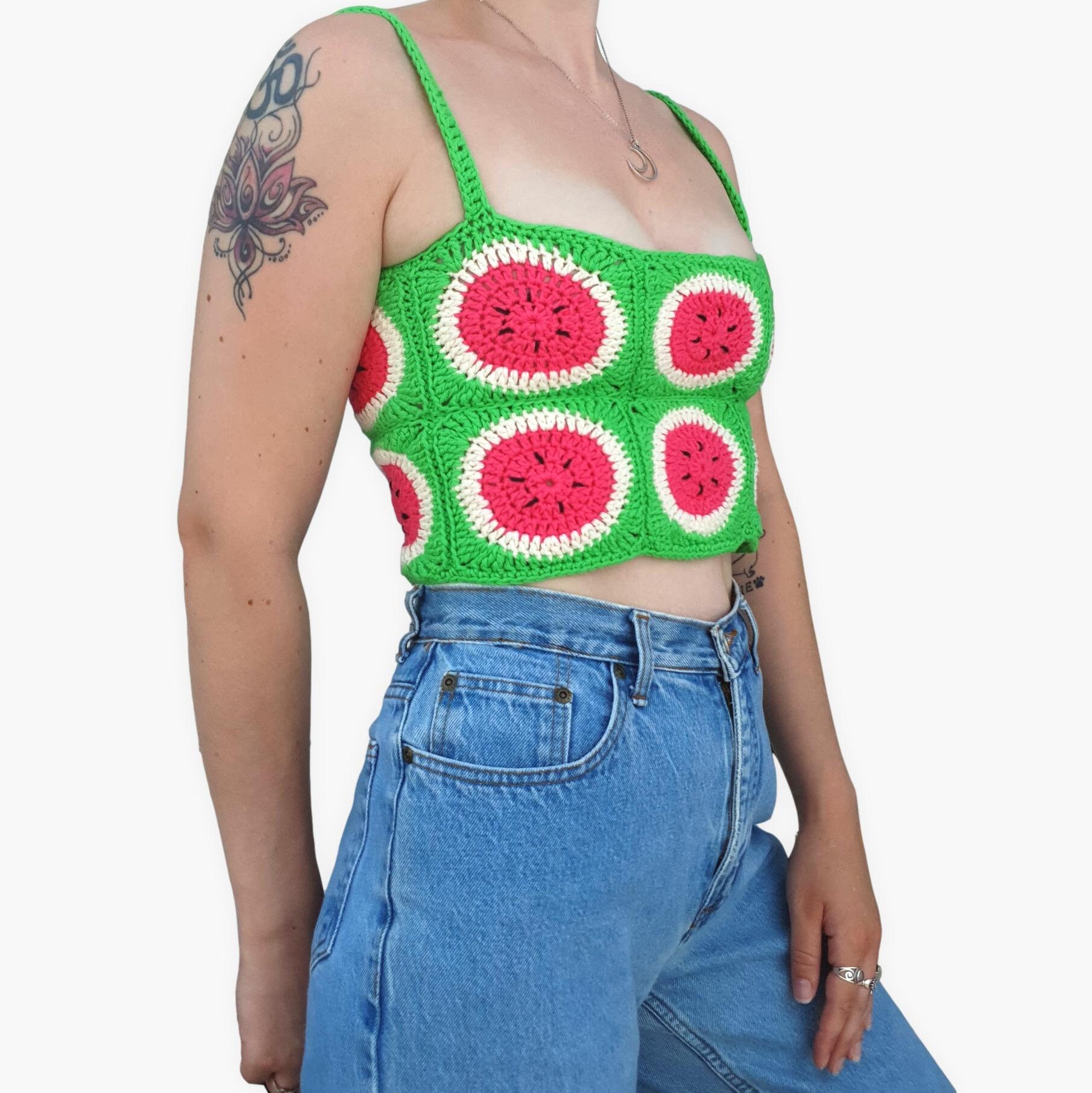 Crochet watermelon crop top with lace up back granny square | Etsy