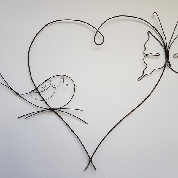 A heart for two, bird and butterfly.  Wall decoration or to be laid in annealed wire. Original idea Christmas gift.  Handmade