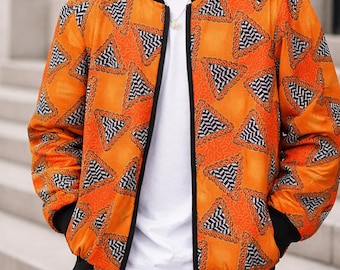 Men's or women's bomber jackets - Orange printed African bomber jacket - Unisex wax print jacket - Trendy handmade jacket - Modern ethnic style