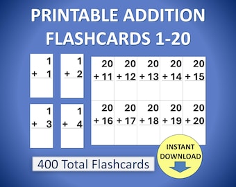 Printable Math Addition Flashcards 1-20 Fact Cards
