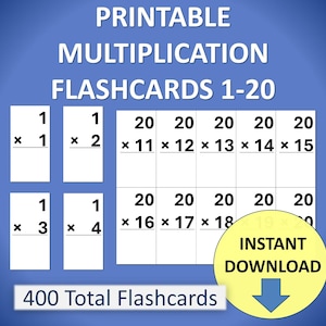 Op de afbeelding: Printbare vermenigvuldigingskaarten 1-20, met sommen van 1x1 tot 20x20. De afbeelding bevat de tekst "Direct downloaden" en "400 Flashcards totaal" op een blauwe achtergrond.