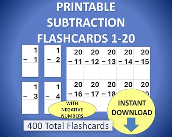 Printable Math Flashcards: Subtraction Flashcards with negative numbers 1-20 Fact Cards (PDF)