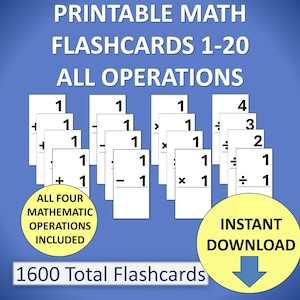 Fiches mathématiques imprimables 1-20 Ensemble de cartes de renseignements Toutes les opérations Addition Soustraction Multiplication Division