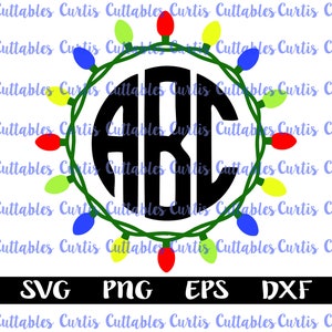 May include: A black monogram letter 'ABC' surrounded by a green garland of Christmas lights with red, yellow, and blue bulbs.