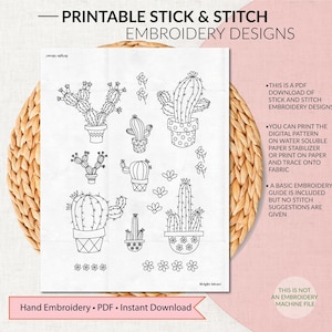 Patrón imprimible en PDF para pegar y bordar, cactus, diseño de bordado de cactus, diseño de bordado digital a mano, flores adicionales, descarga instantánea