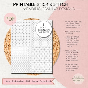 Op de afbeelding: Een vel met bedrukbare stick- en stitch-mending/sashiko-ontwerpen. Het vel bevat vier patronen van 10 cm x 13 cm met geometrische ontwerpen. De tekst op het vel luidt "Hand Embroidery. PDF. Instant Download."