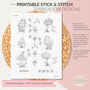 PDF Printable Stick and Stitch Pattern, Mushroom Embroidery Design, Hand Embroidery Design, Bonus Flowers, Instant Download