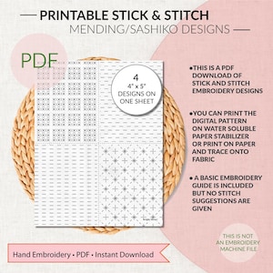 Op de afbeelding: Printbare Stick & Stitch mending/sashiko ontwerpen. De afbeelding toont een vel met vier verschillende borduurpatronen, elk 10 cm x 13 cm groot. De ontwerpen omvatten verschillende steekpatronen. De tekst op de afbeelding luidt "Hand Embroidery PDF Instant Download".